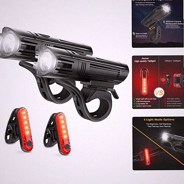 Ultra Bright USB Rechargeable Bike Light Set, Powerful Bicycle Front Headligh...